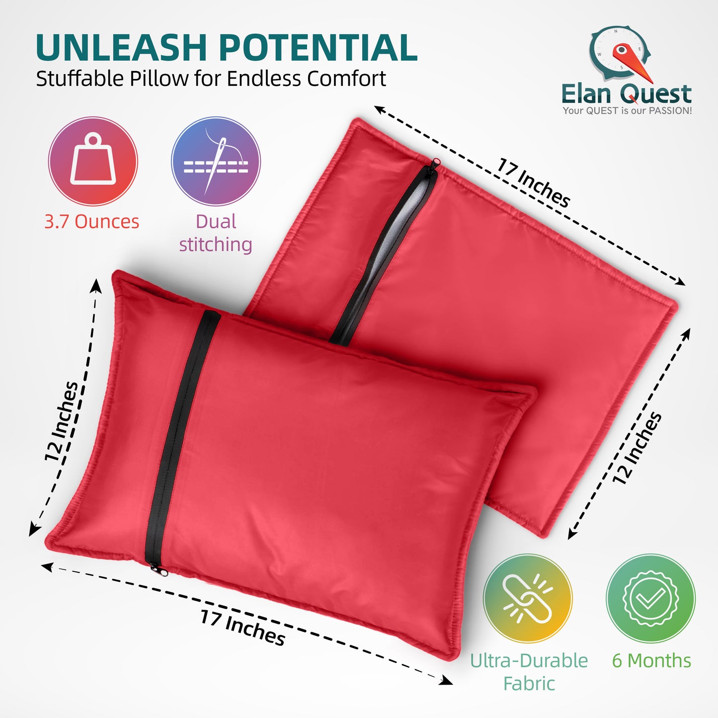 Elan Quest Stuffable Camping Pillow | Stuff Sack (Red/Large) - Reversible Lightweight Water Resistant - Bring Your Own Stuffing