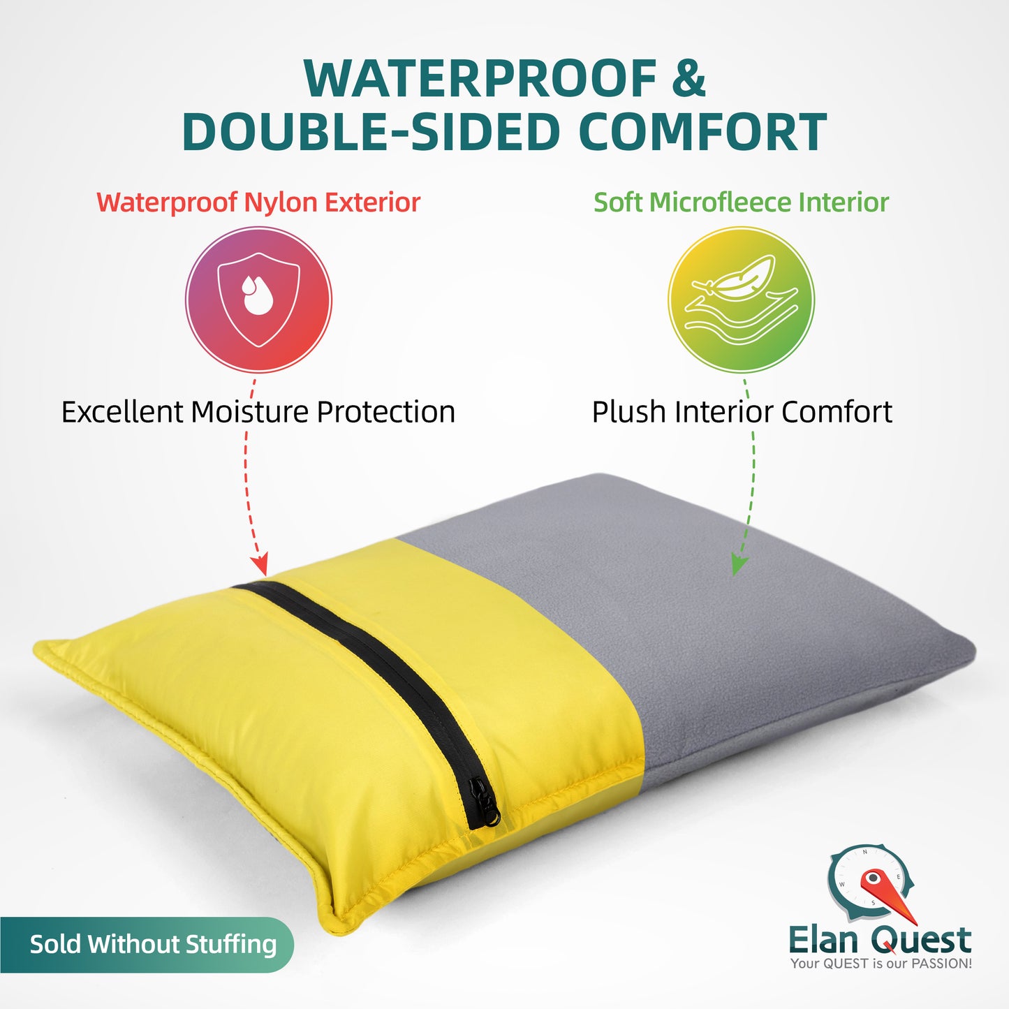 Elan Quest Stuffable Camping Pillow Stuff Sack (Yellow/Small) - Reversible Lightweight Water Resistant - Bring Your Own Stuffing